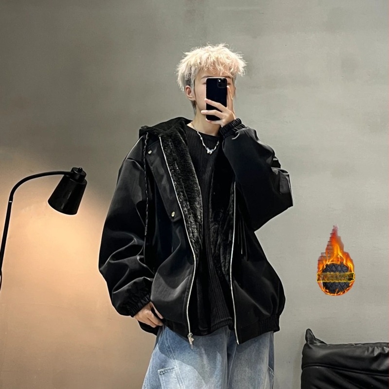 Ανδρικό μπουφάν με κουκούλα από βαμβάκι, επένδυση φλίς, φερμουάρ μπροστά, χαλαρή γραμμή, εξωτερικό πολυεστέρας για τον χειμώνα