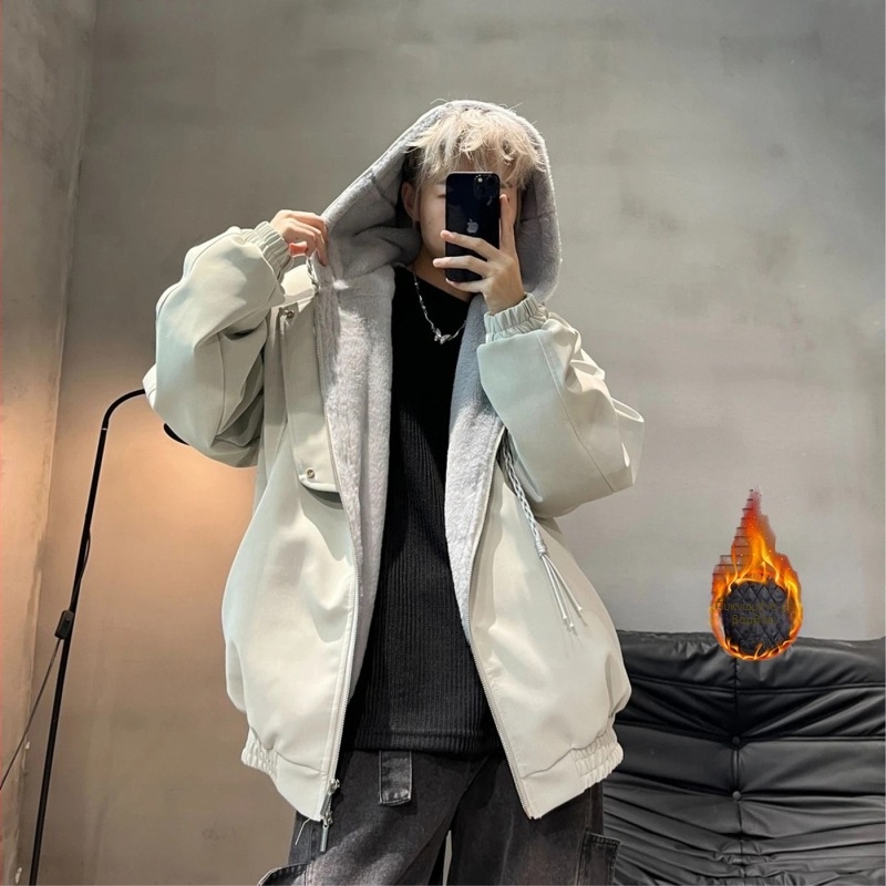 Ανδρικό μπουφάν με κουκούλα από βαμβάκι, επένδυση φλίς, φερμουάρ μπροστά, χαλαρή γραμμή, εξωτερικό πολυεστέρας για τον χειμώνα