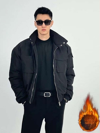 Μπουφάν με επένδυση από βαμβάκι σε στυλ μπόμπερ, με κολάρο στήριξης, μονόπερκος, χειμωνιάτικο ζεστό, εξωτερικό ύφασμα πολυεστέρα και επένδυση πολυεστέρα