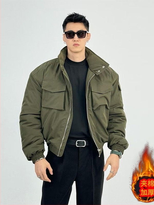 Μπουφάν με επένδυση από βαμβάκι σε στυλ μπόμπερ, με κολάρο στήριξης, μονόπερκος, χειμωνιάτικο ζεστό, εξωτερικό ύφασμα πολυεστέρα και επένδυση πολυεστέρα