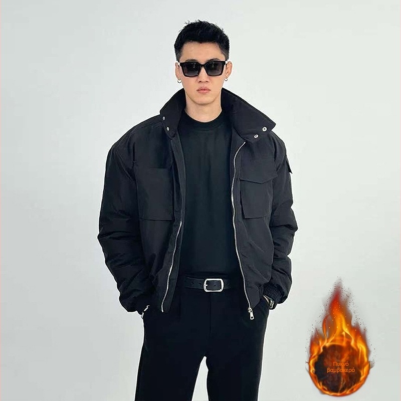 Μπουφάν με επένδυση από βαμβάκι σε στυλ μπόμπερ, με κολάρο στήριξης, μονόπερκος, χειμωνιάτικο ζεστό, εξωτερικό ύφασμα πολυεστέρα και επένδυση πολυεστέρα