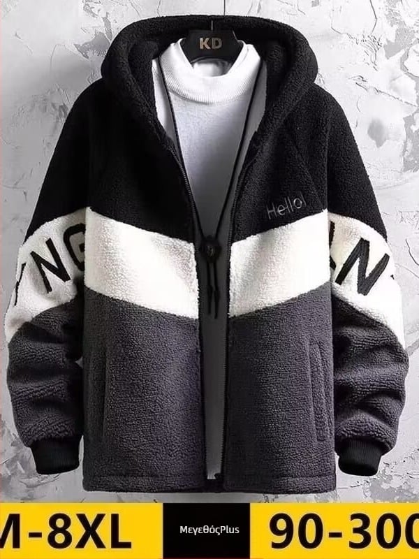 Ανδρικό μπουφάν από αρνίσιο μαλλί με επένδυση, κουκούλα, φερμουάρ, πολλαπλές τσέπες, μεσαίου μήκους