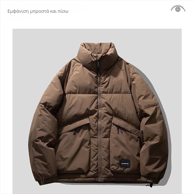 Αδιάβροχο βαμβακερό μπουφάν με επένδυση πολυεστέρα, κουκούλα, χαλαρή γραμμή, φερμουάρ, μονόχρωμο