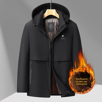 Ανδρικό παλτό με κουκούλα και παχύ ύφασμα από πολυεστέρα, μεσαίου μήκους, υψηλό κολάρο, φερμουάρ, πλαϊνές τσέπες