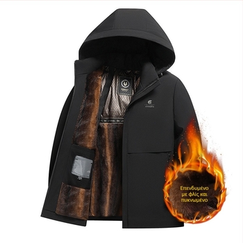 Ανδρικό παλτό με κουκούλα και παχύ ύφασμα από πολυεστέρα, μεσαίου μήκους, υψηλό κολάρο, φερμουάρ, πλαϊνές τσέπες