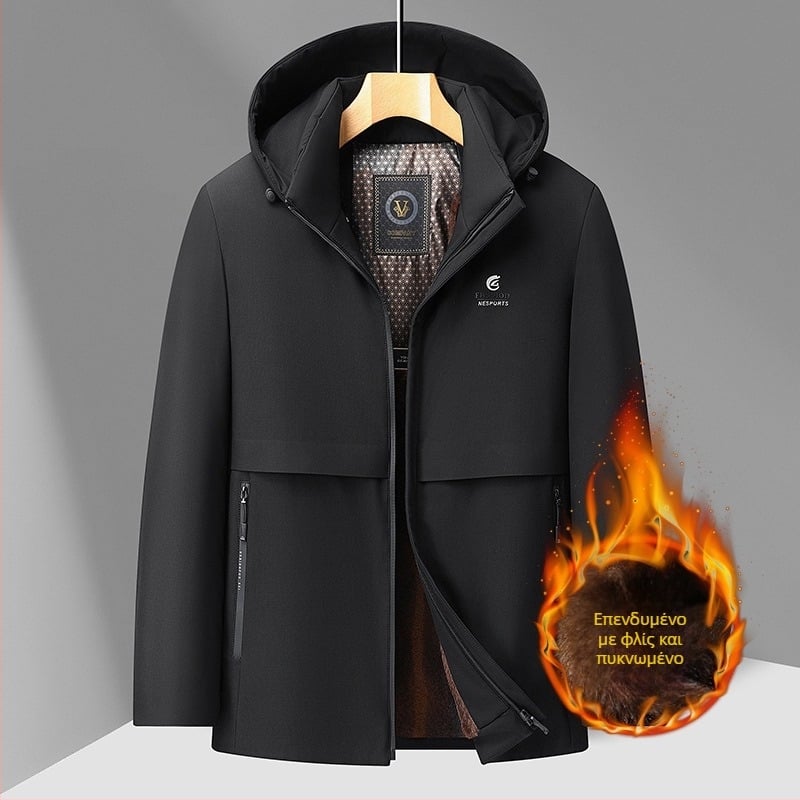 Ανδρικό παλτό με κουκούλα και παχύ ύφασμα από πολυεστέρα, μεσαίου μήκους, υψηλό κολάρο, φερμουάρ, πλαϊνές τσέπες