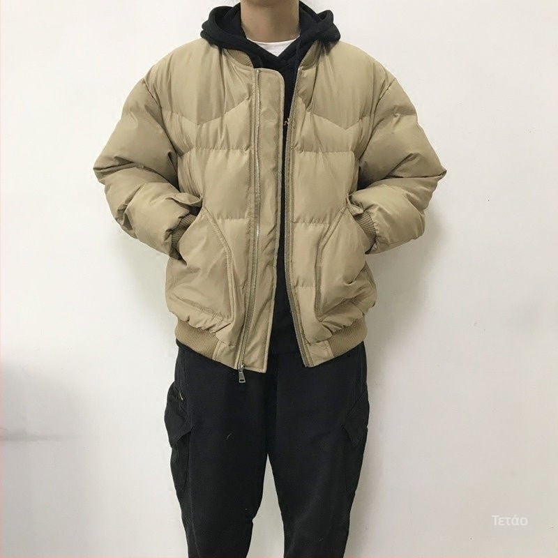 Ανδρικό βαμβακερό μπουφάν με γέμισμα – κουκούλα, φλις επένδυση, φερμουάρ μπροστά, χαλαρή γραμμή, Κορεατικό στυλ