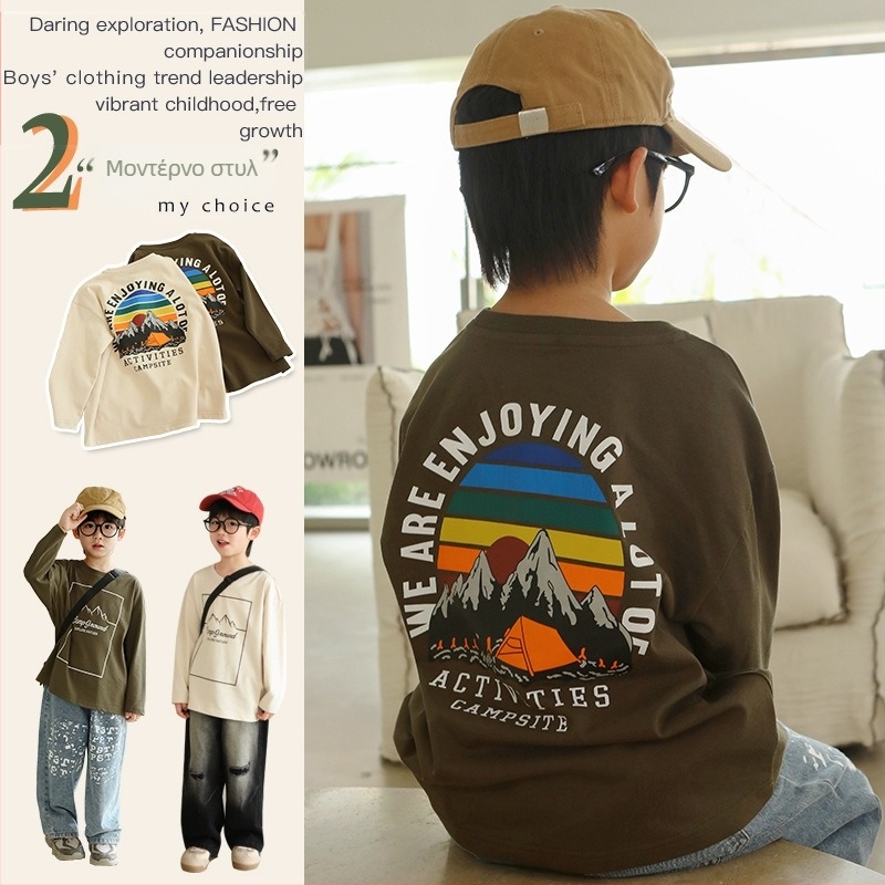 Παιδικό T‑shirt με μακριά μανίκια, ιαπωνικού στυλ, βαμβάκι, εκτύπωση με γράμματα/αφηρημένο σχέδιο