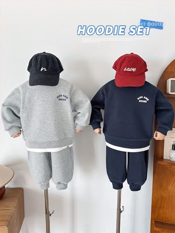 Παιδικό σετ δύο τεμαχίων αθλητικών με φλις επένδυση, unisex, χειμώνας/φθινόπωρο, κορεατικό στυλ, πουλόβερ χωρίς κουκούλα και παντελόνι, 63% βαμβάκι / 37% πολυεστέρας