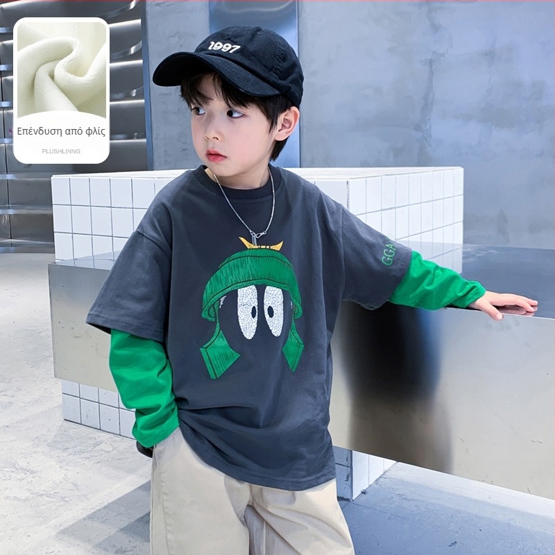 Παιδικό T‑shirt με μακριά μανίκια, μοτίβο καρτούν, στρογγυλή λαιμόκοψη, 100% βαμβάκι, με απομάκρυνση υγρασίας, για παιδιά άνω των 8 ετών, φθινόπωρο 2025