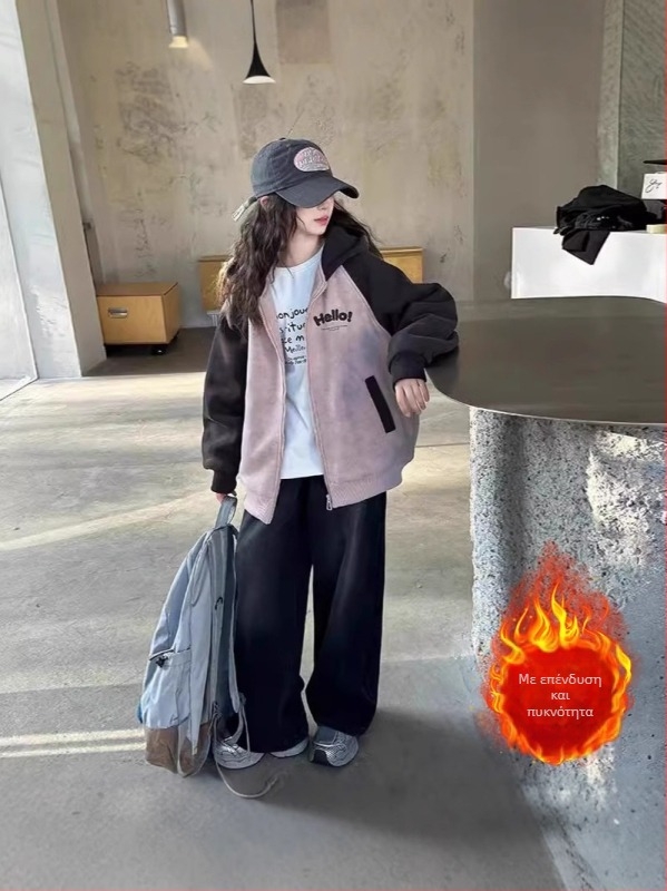 Παιδικό γυναικείο μπουφάν για κορίτσια με κουκούλα, κορεάτικου στυλ, παχιά επένδυση από πολυεστέρα, εξωτερικό ύφασμα πολυεστέρα, μακριά μανίκια, φερμουάρ
