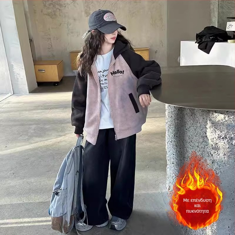 Παιδικό γυναικείο μπουφάν για κορίτσια με κουκούλα, κορεάτικου στυλ, παχιά επένδυση από πολυεστέρα, εξωτερικό ύφασμα πολυεστέρα, μακριά μανίκια, φερμουάρ