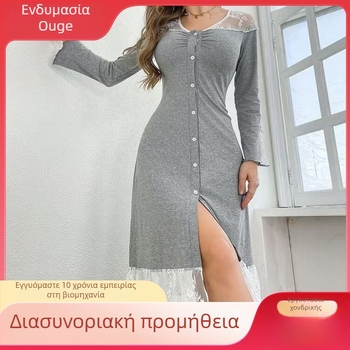 Νυχτικό από πολυεστέρα με δαντέλα, στυλ camisole, χωρίς μανίκια, χωρίς λαιμό, μεσαίου μήκους, σεξυ και γοητευτικό
