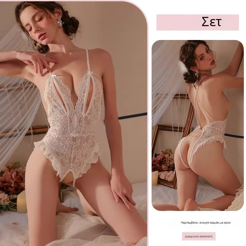 Δαντελένιο κορμάκι εσωρούχων με ανοιγμα μπροστά, V-ντεκολτέ, χωρίς μανίκια, λεπτός πολυεστέρας