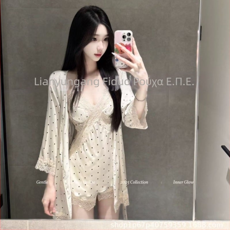 Νυχτικό καλοκαιριού με τιράντες και μαξιλαράκια στήθους, ύφασμα ice silk, εκτύπωση με κουκκίδες, V-λαιμός