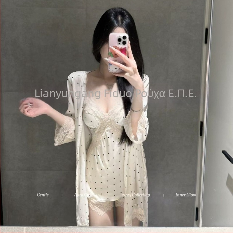 Νυχτικό καλοκαιριού με τιράντες και μαξιλαράκια στήθους, ύφασμα ice silk, εκτύπωση με κουκκίδες, V-λαιμός