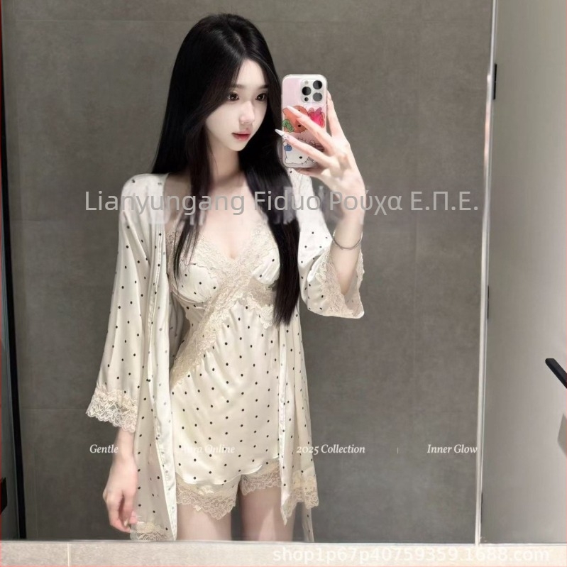 Νυχτικό καλοκαιριού με τιράντες και μαξιλαράκια στήθους, ύφασμα ice silk, εκτύπωση με κουκκίδες, V-λαιμός