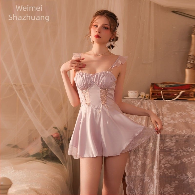 Νυχτικό χωρίς μανίκια με τιράντες, V-λαιμό και διαφανή δαντέλα – πολυεστέρας, κοντή φούστα, άνετο οικιακό νυχτικό για γυναίκες