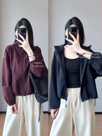 Γυναικείο βαμβακερό μπουφάν με κουκούλα, σε εφαρμογή σμιλε, μονόχρωμο σχέδιο, μπροστινό κούμπωμα με ένα κουμπί, φινίρισμα ανθεκτικό στις τσακίσεις, φθινόπωρο 2025