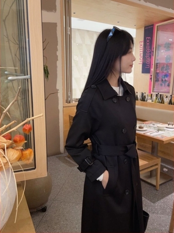 Γυναικείο trench coat, κορεατικού στιλ για μικρόσωμες, διπλό κουμπί, πέτο γιακά, μακρύ μήκος, πολυεστέρας