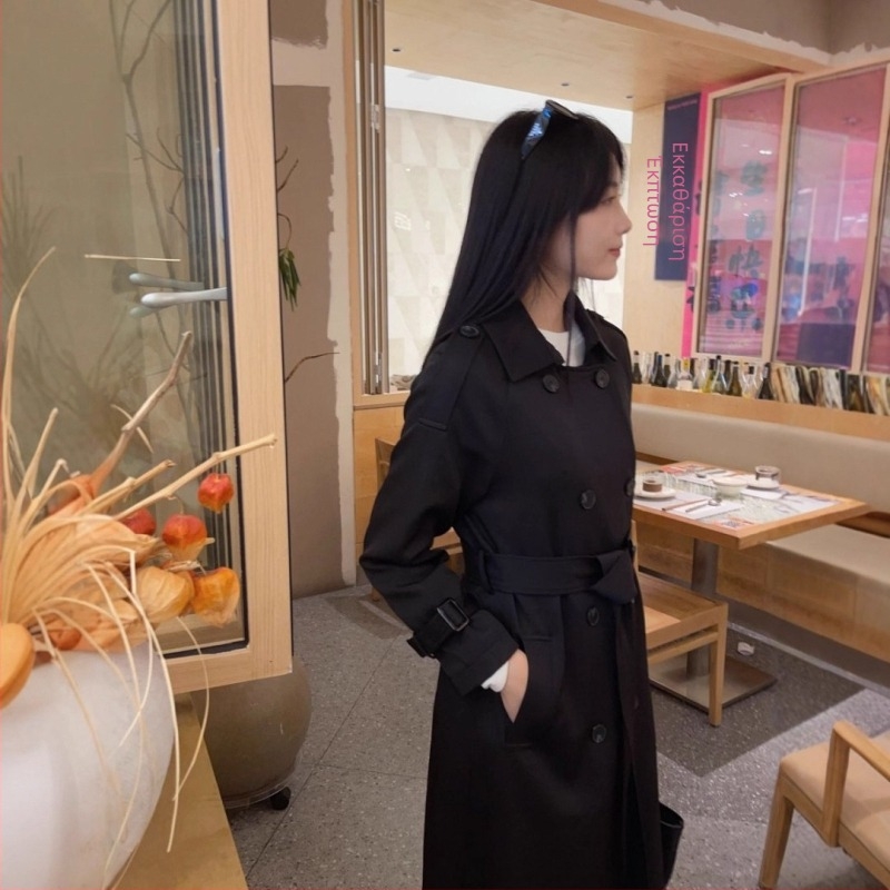 Γυναικείο trench coat, κορεατικού στιλ για μικρόσωμες, διπλό κουμπί, πέτο γιακά, μακρύ μήκος, πολυεστέρας