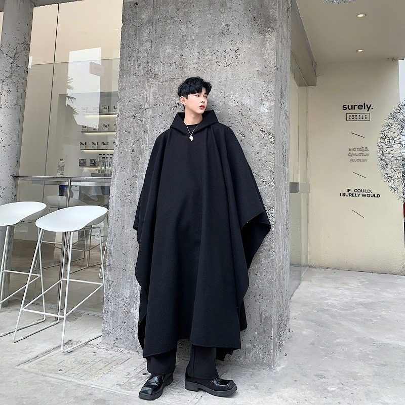 Μακρύ ανδρικό παλτό trench με κουκούλα, oversized χαλαρή γραμμή, κάπα μέχρι το γόνατο