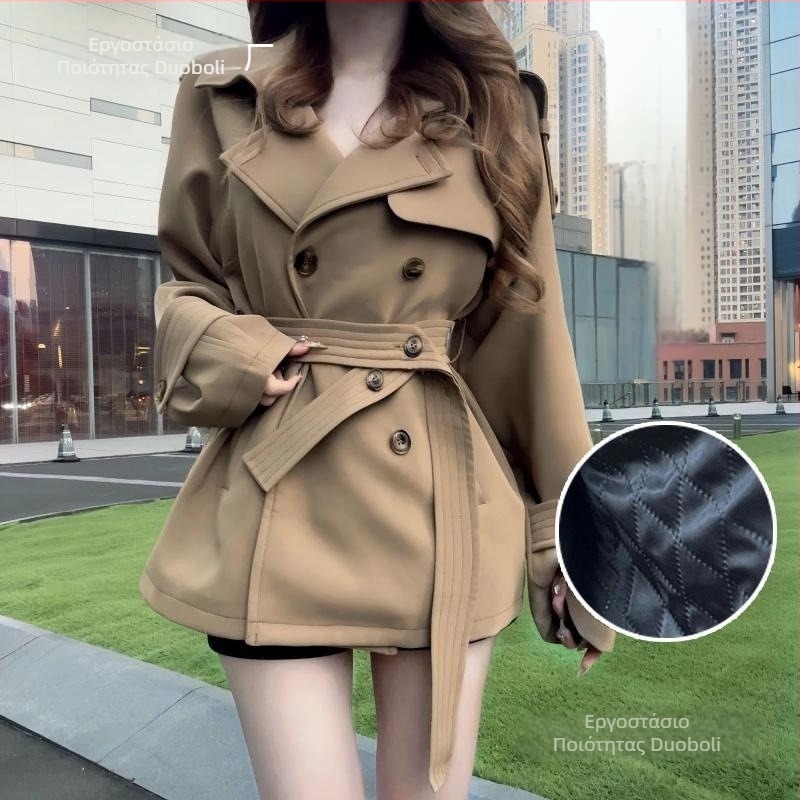 Γυναικείος κοντός παλτό trench από Chenille ύφασμα με Spandex κάτω από 30%, γιακά τύπου σακάκι, μανίκια πριγκίπισσας, κουμπιά