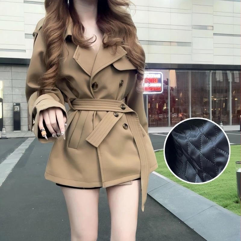 Γυναικείος κοντός παλτό trench από Chenille ύφασμα με Spandex κάτω από 30%, γιακά τύπου σακάκι, μανίκια πριγκίπισσας, κουμπιά