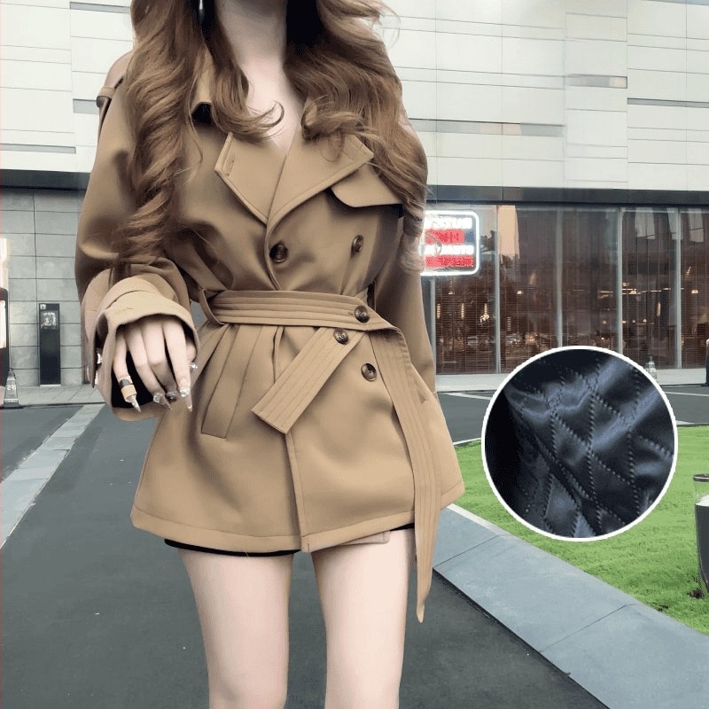 Γυναικείος κοντός παλτό trench από Chenille ύφασμα με Spandex κάτω από 30%, γιακά τύπου σακάκι, μανίκια πριγκίπισσας, κουμπιά
