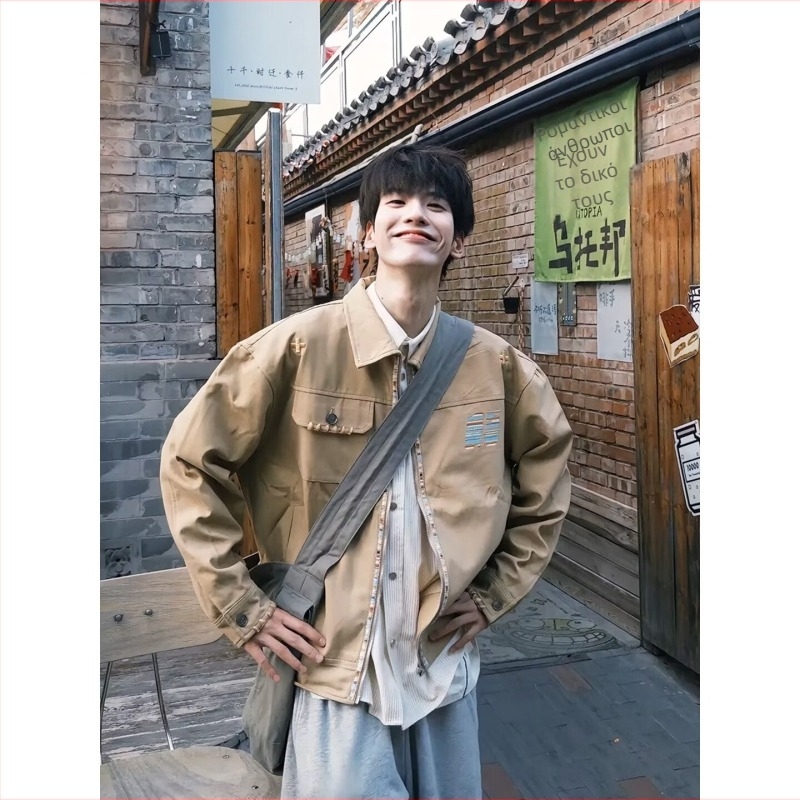 Ανδρικό κοντό τζάκετ από βαμβάκι twill με φερμουάρ, γιακά με πέτο, πολλές τσέπες, μακριά μανίκια, άνοιξη-φθινόπωρο