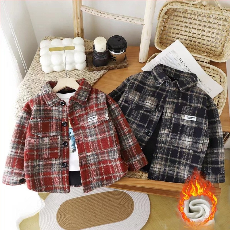 Παιδικό μακρυμάνικο πουκάμισο με επένδυση fleece, παχύ, με γιακά Polo, καρό σχέδιο