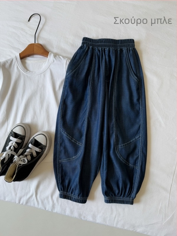 Παιδικά Lyocell Denim παντελόνια κατά των κουνουπιών, 65% Lyocell, Μονόχρωμα, Καλοκαίρι 2025, Casual