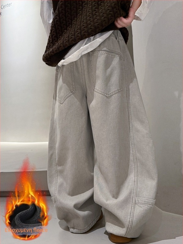 Τζιν για αγόρια από βαμβάκι με φλίς επένδυση, χειμωνιάτικο, μακριά, παχιά, μεσαία μέση με ελαστική ζώνη