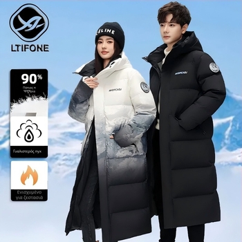 Ανδρικό μακρύ μπουφάν με διαβαθμισμένο σχέδιο, γέμισμα από πάπια down 210 g, 700 fill power, αδιάβροχο και ανθεκτικό στον άνεμο ύφασμα, όρθιο γιακά με φερμουάρ, χωρίς κουκούλα