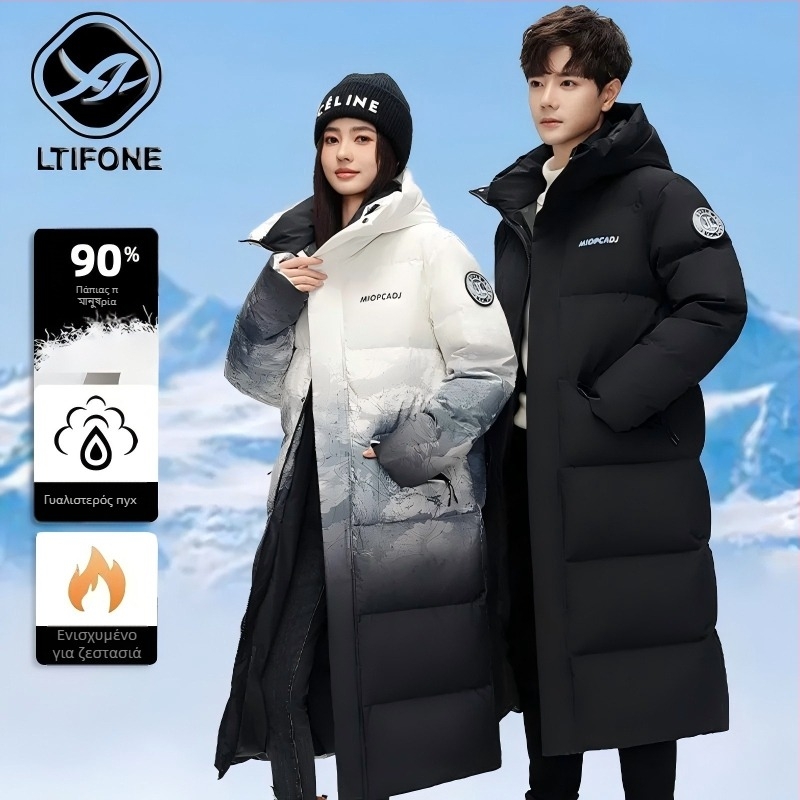 Ανδρικό μακρύ μπουφάν με διαβαθμισμένο σχέδιο, γέμισμα από πάπια down 210 g, 700 fill power, αδιάβροχο και ανθεκτικό στον άνεμο ύφασμα, όρθιο γιακά με φερμουάρ, χωρίς κουκούλα