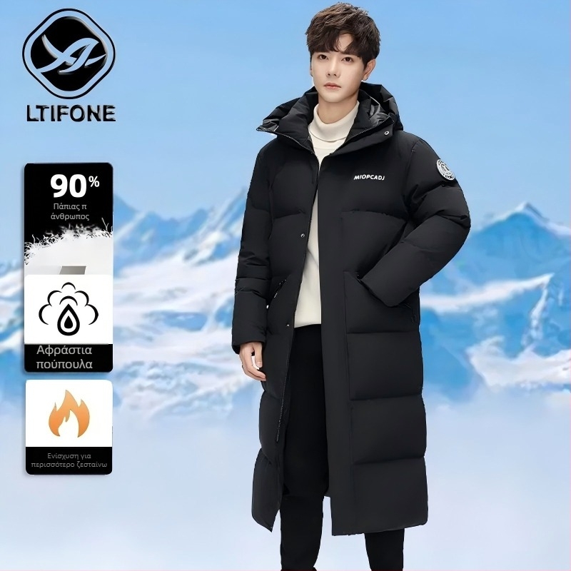 Ανδρικό μακρύ μπουφάν με διαβαθμισμένο σχέδιο, γέμισμα από πάπια down 210 g, 700 fill power, αδιάβροχο και ανθεκτικό στον άνεμο ύφασμα, όρθιο γιακά με φερμουάρ, χωρίς κουκούλα