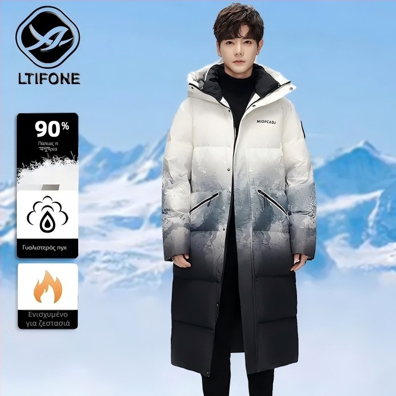 Ανδρικό μακρύ μπουφάν με διαβαθμισμένο σχέδιο, γέμισμα από πάπια down 210 g, 700 fill power, αδιάβροχο και ανθεκτικό στον άνεμο ύφασμα, όρθιο γιακά με φερμουάρ, χωρίς κουκούλα