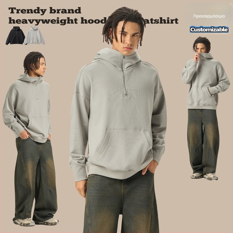 RS ανδρικό φούτερ με κουκούλα, βαμβάκι βαριάς ποιότητας (81–90%), χαλαρή γραμμή, στρογγυλός λαιμός, τρισδιάστατο τσεπάκι