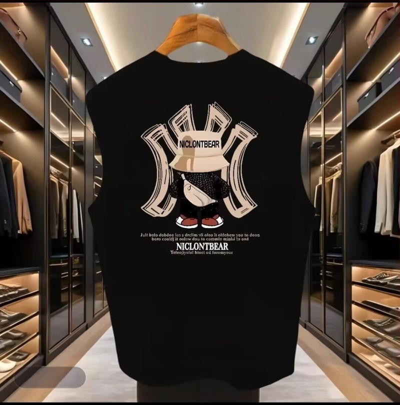Άνετο T-shirt χωρίς μανίκια από βαμβάκι, χαλαρή εφαρμογή, εκτύπωση καρτούν, λεπτή ύφανση, καλοκαίρι