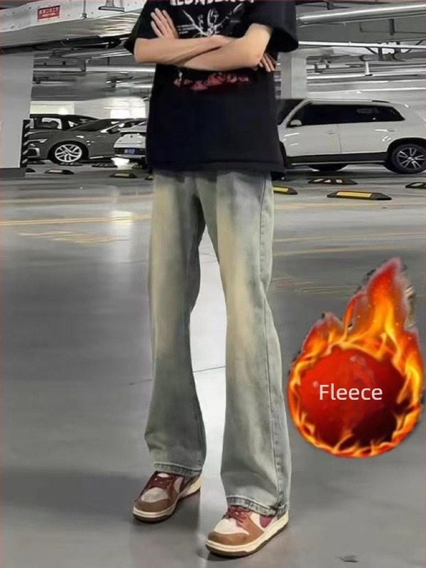 Ανδρικά τζίν σε αμερικανικό ρετρό στυλ με fleece επένδυση, χειμωνιάτικο πλύσιμο, ίσια γραμμή, καθημερινό στυλ