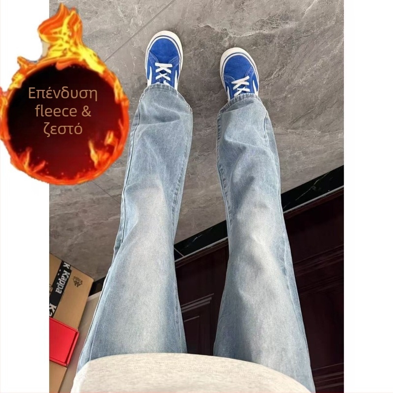 Ανδρικά τζίν σε αμερικανικό ρετρό στυλ με fleece επένδυση, χειμωνιάτικο πλύσιμο, ίσια γραμμή, καθημερινό στυλ
