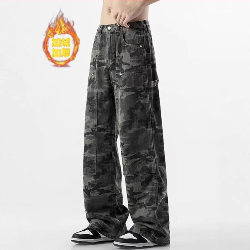 Τζιν καμουφλάζ με fleece επένδυση, ανδρικό στυλ αμερικανικού δρόμου, φαρδιά γραμμή
