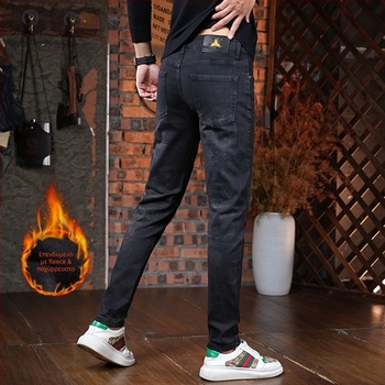 Τζιν με κέντημα από denim, φλις εσωτερικά, στενή γραμμή (slim-fit), κορεατικό στυλ, 70% βαμβάκι