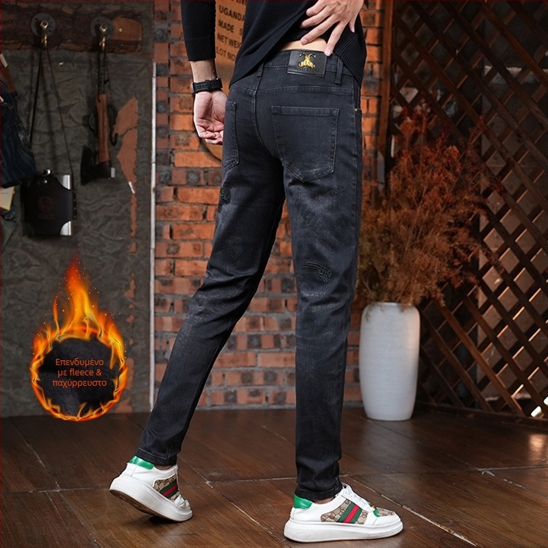 Τζιν με κέντημα από denim, φλις εσωτερικά, στενή γραμμή (slim-fit), κορεατικό στυλ, 70% βαμβάκι