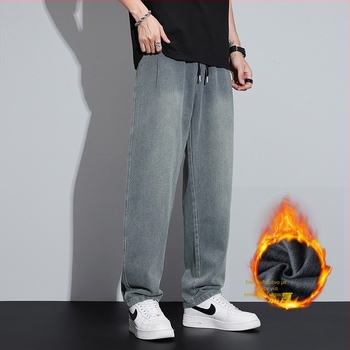 Ανδρικά τζίνς με fleece εσωτερικό — μινιμαλιστικό ευθύγραμμο κόψιμο, χαλαρή γραμμή, μεσαία μέση, κορδόνι κλείσιμο