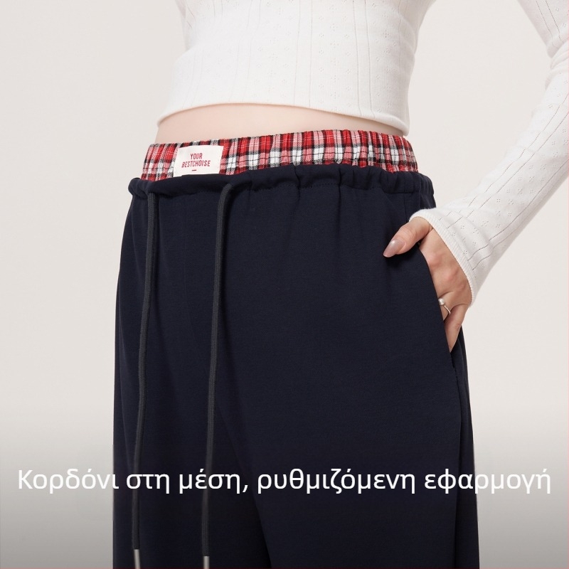 Παντελόνια εγκυμοσύνης με φαρδιά μπατζάκια για φθινόπωρο-χειμώνα 2026, κόκκινο καρό patchwork, χαλαρή γραμμή, παχιά ύφανση, υψηλή μέση, ίσια εφαρμογή