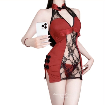 Σετ εσωρούχων Cheongsam με βαθύ V ντεκολτέ, διατρητά λεπτομέρειες, ψηλή σχισμή - πολυεστέρας, περιεκτικότητα 90–95%, για γυναίκες