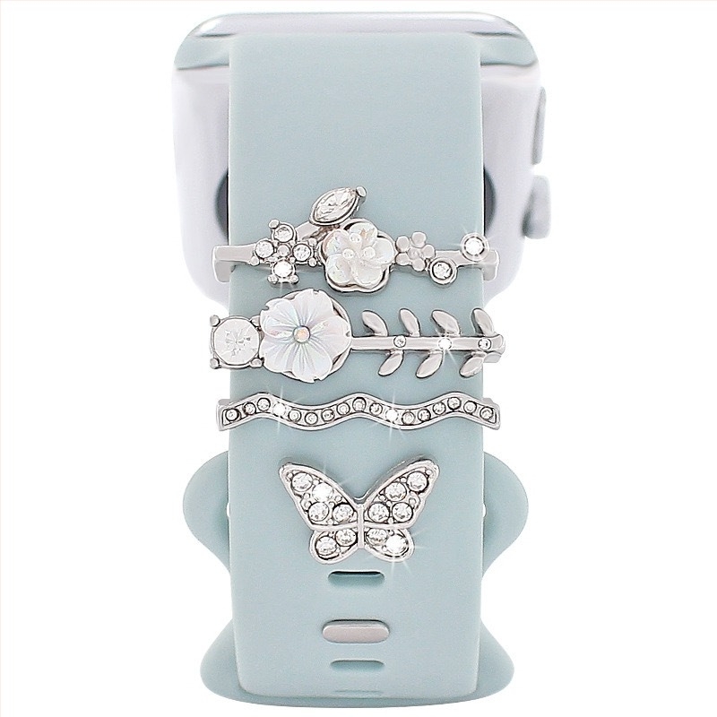 Διακοσμητική αγκράφα για λουράκι Apple Watch σιλικόνης – μοτίβο πεταλούδας με λουλούδια, κράμα, YiSheQu, DIY, χειμώνας 2023