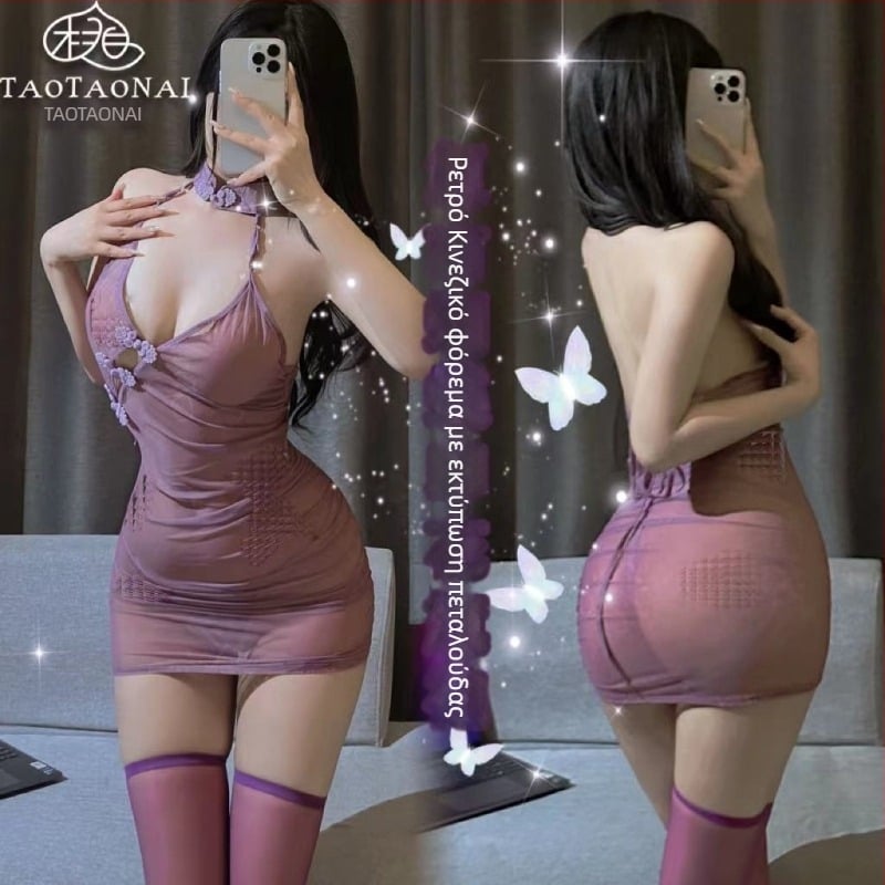 Cheongsam εσωρούχο με εκτύπωση πεταλούδας, διαφανές δίχτυ, ultra-thin γραμμή, πολυεστέρας 90–95%