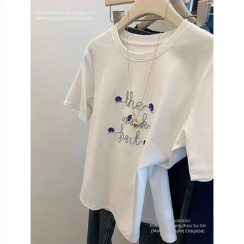 Γυναικείο βαμβακερό T-shirt με κέντημα, κοντά μανίκια, στρογγυλός λαιμός, φαρδιά Α-γραμμή, casual στυλ Ιαπωνίας-Κορέας, καλοκαίρι 2025